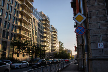 Russia, Pushkin-August 21, 2020:urban photo with apartment buildings in the evening