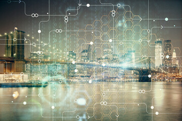 Data theme hologram drawing on city view with skyscrapers background multi exposure. Ai concept.