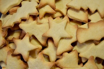 Traditional homemade German Christmas cookies background, butter biscuits, different shapes, closeup