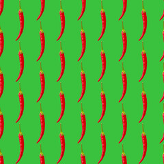 seamless simple pattern of one red hot pepper on green background