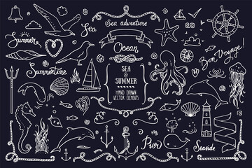 Sea life, ocean trip, summer marine cruise, summertime doodles, lettering. Big collection of hand drawn illustration. Lighthouse, octopus, anchor, jellyfish, cordage frame. Vector clipart collection.