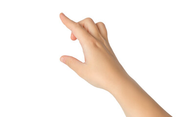 A beautiful female hand isolated on a white background, virtually touches or points to something.