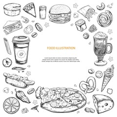 Vector background of food ingredients. Hand drawn sketches. Isolated objects