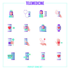 Telemedicine gradient flat icons set. Online consultation, non-contact diagnostics, medical mobile app, medical support, ask doctor, video call with therapist. Vector illustration.