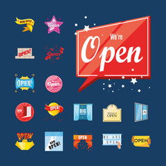 Naklejka premium we are open detailed style symbols set vector design