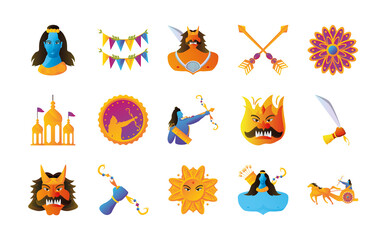 set of icons of the dussehra festival over white background