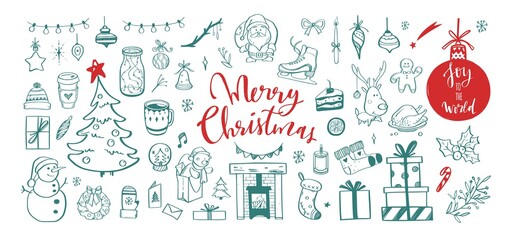 Big set of Christmas design doodle elements. Vector hand drawn lettering, calligraphy . Isolated objects