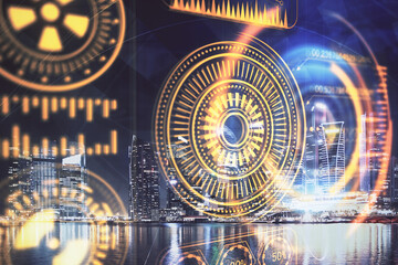 Double exposure of technology theme hologram and cityscape background. Concept of Hightech.