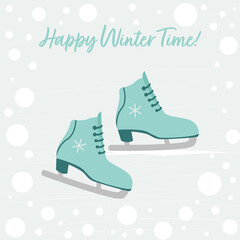 Vector Figure skates with falling snow on a blue background with texture of ice surface. Lettering Happy Winter time. Winter cards, posters. New year style, holidays vibes. Winter sport and recreation