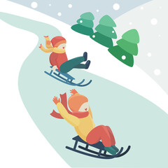 Happy Boys dressed in warm clothing sledding on slope. Winter activity sledge sport. Mountains, spruces, winter landscape. Cute flat cartoon vector illustration. New year style, holidays vibes.