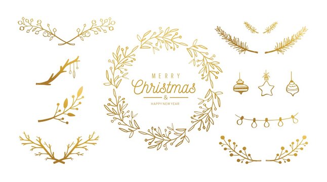 Merry Christmas vector hand drawn decoration set. Christmas wreath, mistletoe brunches, berries, decor