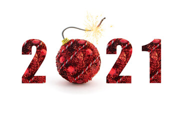 Christmas tree decoration. Red bomb ready to go off with golden sparkles on white background. New Year concept