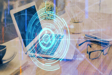 Double exposure of table with computer on background and data theme drawing. Concept of innovation.
