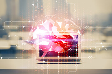 Double exposure of desktop with computer and brain drawing hologram. Artificial intelligence concept.