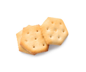 Delicious crispy crackers isolated on white, top view