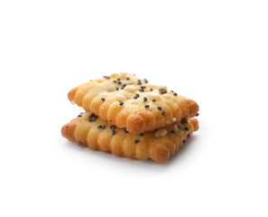 Delicious crispy crackers with poppy and sesame seeds isolated on white