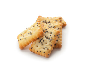 Delicious crispy crackers with poppy and sesame seeds isolated on white