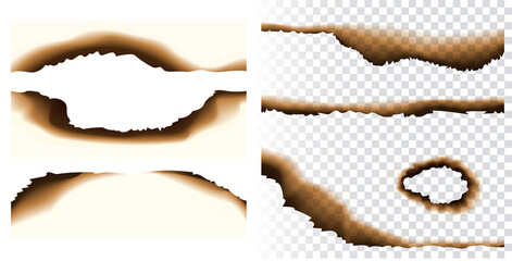 Collection of realistic vector paper burnt holes and scraps edges scorched isolated on transparent background. Burnt page edges and corners. Destroyed paper or parchment with cracked and dirty borders