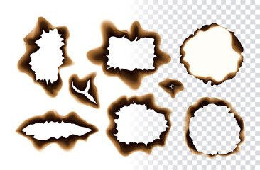 Collection of realistic vector paper burnt holes and scraps edges scorched isolated on transparent background. Holes with Burnt  edges. Destroyed paper or parchment with cracked and dirty borders