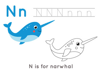 Coloring page with letter N and cute cartoon narwhal.