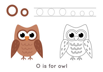 Coloring and tracing page with letter O and cute cartoon owl.
