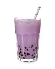 Bubble milk tea with tapioca balls in glass isolated on white