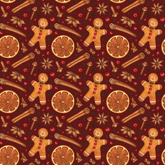 Christmas watercolor seamless pattern. Gingerbread, hot mulled wine spices: dried orange slice, clove buds, anise star, cinnamon stick. Hand drawn background for print, textile, wrapping paper, card