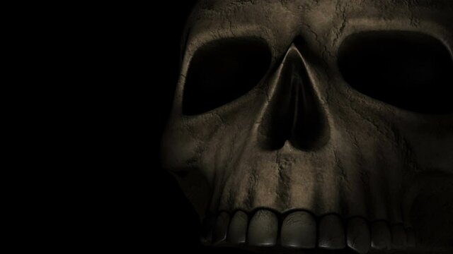 Human skull moving in the dark. Mystic creepy concept. Abstract nightmare occult ceremony. Skull Halloween 3d animation.