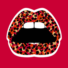 vector illustration of animal prints lips on pink background. Sexy kiss for t-shirts.