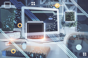 Multi exposure of desktop with personal computer and tech theme drawing. Concept of Bigdata.