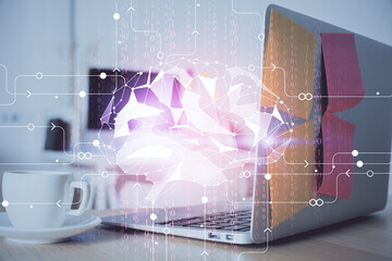 Double exposure of work space with computer and human brain drawing hologram. Brainstorm concept.
