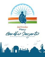 Vector illustration of Gandhi Jayanti, Mahatma Gandhi, national holiday of India, 2nd October, india flag, indian monuments silhouette, banner with english text.