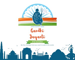 Vector illustration of Gandhi Jayanti, Mahatma Gandhi, national holiday of India, 2nd October, india flag, indian monuments silhouette, banner with english text.