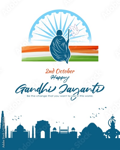 Vector Illustration Of Gandhi Jayanti Mahatma Gandhi National Holiday Of India 2nd October India Flag Indian Monuments Silhouette Banner With English Text Wall Mural Navin