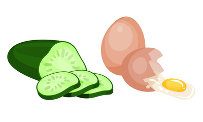 Sliced Cucumber and Raw Egg with Cracked Shell as Organic Product Vector Set