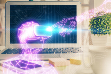 Computer on desktop with AR theme icon. Multi exposure. Concept of augmented reality.