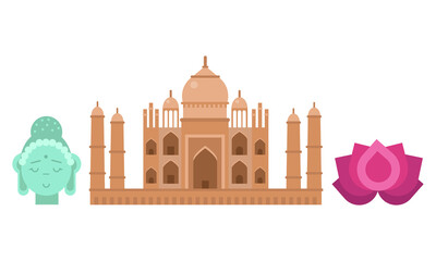 Indian Traditional Symbols with Lotus Flower and Taj Mahal Building Vector Set