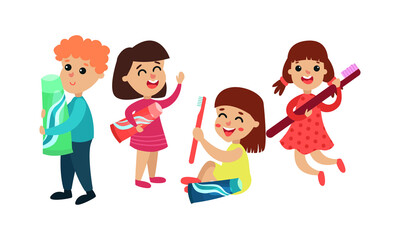 Little Children Holding Toothbrush and Toothpaste Tube Vector Set