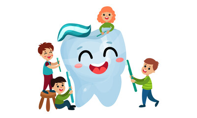 Huge Humanized Tooth and Little Children Brushing It with Toothpaste Vector Illustration