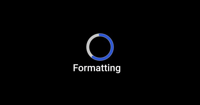 Formatting progress bar computer screen animation loop isolated on black background with blue progress format indicator in 4K. Computer format erasing data