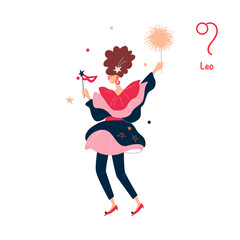Sign of the zodiac Leo. Young stylish girl on holiday, new year party. Illustration in flat cartoon style. Isolated on white background. 