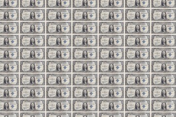 1 US dollar bills printed in money production conveyor. Collage of many bills. Concept of currency...