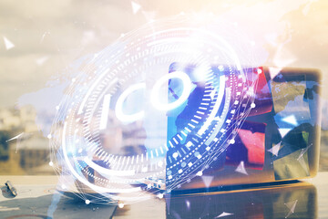 Double exposure of blockchain theme hologram and table with computer background. Concept of bitcoin...