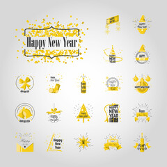 Happy new year detailed style symbols set vector design