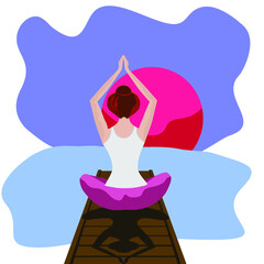Vector illustration of a girl engaged in yoga on the bridge on the river bank against the background of sunset