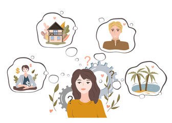 Dreaming girl thinking about her goals and making future plans about relationships, house, business, and vacations. Cartoon vector illustration