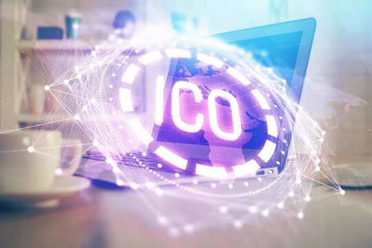 Double exposure of blockchain theme hologram and table with computer background. Concept of bitcoin crypto currency. - Powered by Adobe