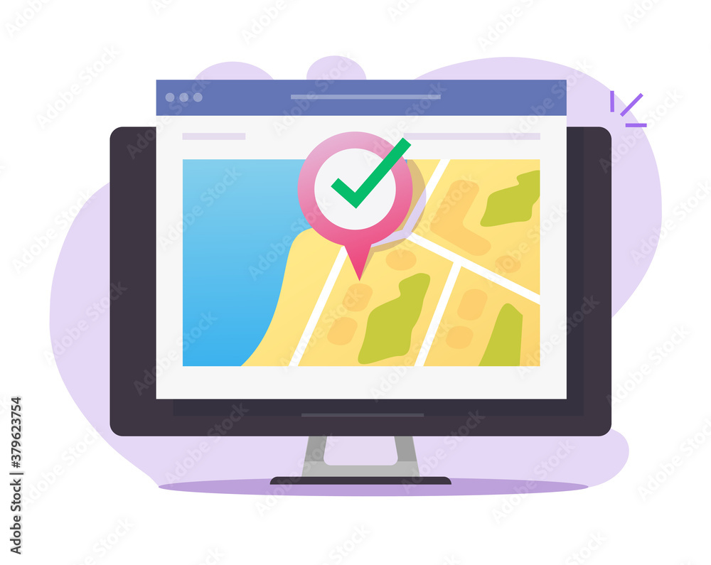 Aufkleber Digital map gps web location online and pin pointer internet destination on computer pc screen vector, internet website navigation position marker, roadmap new local route point flat isolated