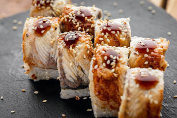  sushi with sesame seeds, close-up. Japan food