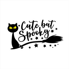 Cute but Spooky -Halloween vector illustration. Black cat in broom.
Good for greeting card, T shirt print, party decoration, poster, and gift design.